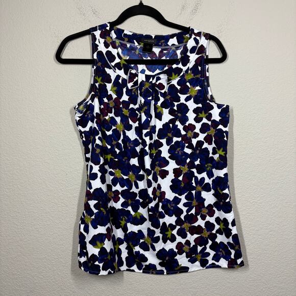 Ann Taylor Womens XS Bow Top Blouse White Purple Floral Botanical Sleeveless - Picture 1 of 9